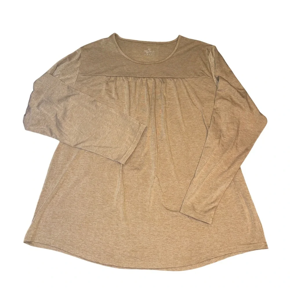 Womens Beige Long Sleeve Peasant Top Gathered Yoke Boho Casual Tunic Blouse XXL - Picture 3 of 7